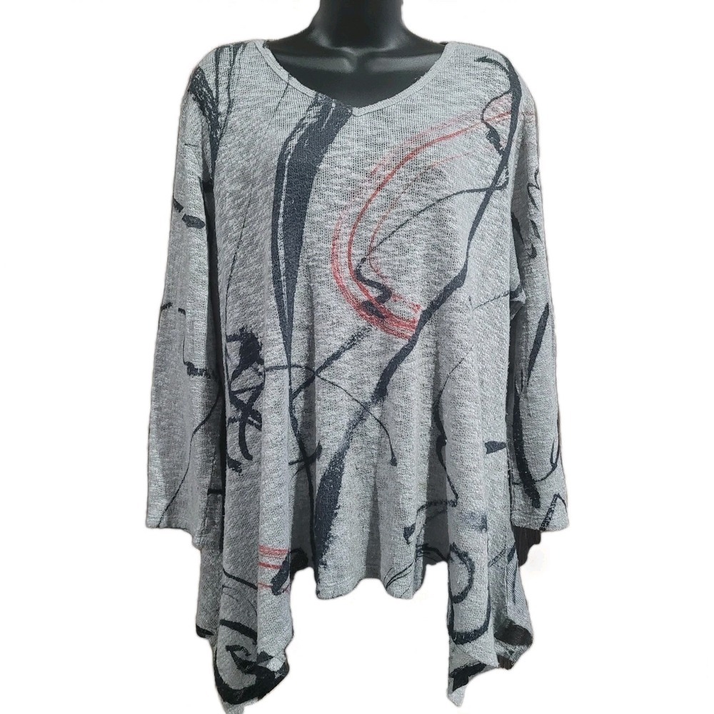 # Jess & Jane XL Abstract Print V-Neck Gray Knit Tunic Top